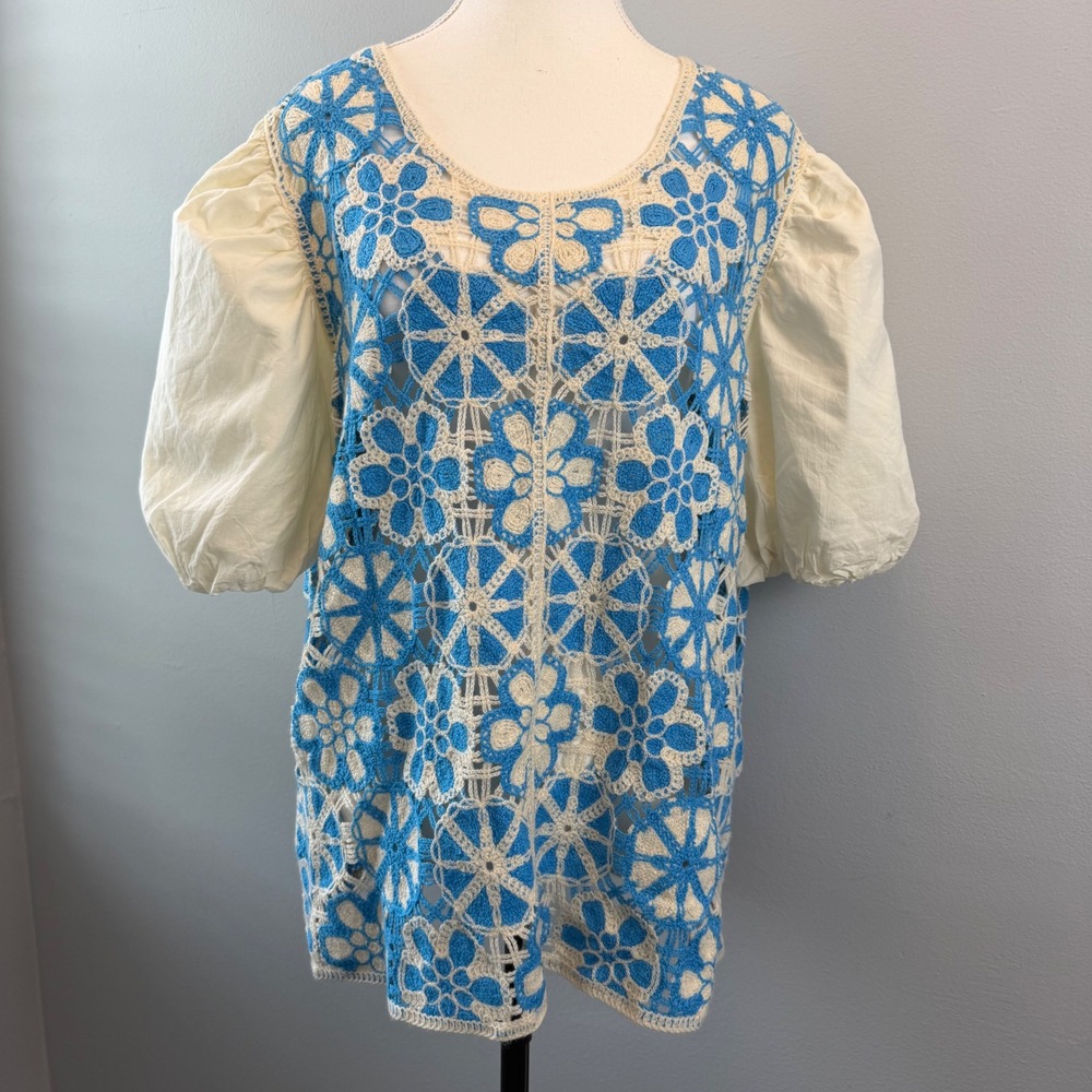 Cato Blue Crochet Floral Puff Sleeve Top Plus Sz 18/20 Boho Granny Cottage